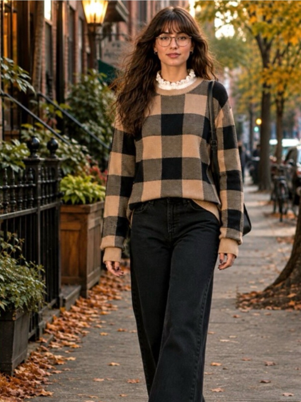 Anthropologie Black Tan Buffalo Plaid Check Sweater Smocked Ruffle Collar Sz S